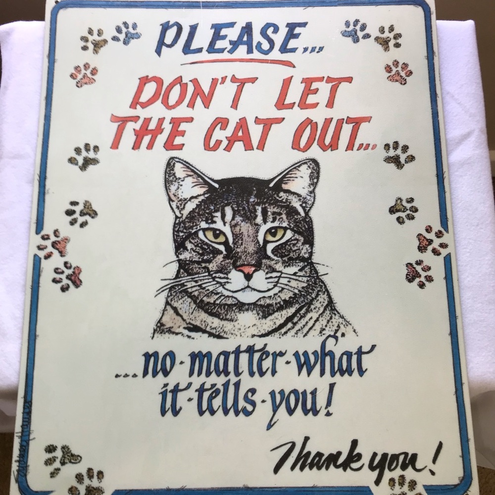 Metal Cat Sign Artwork Please Don’t Let The Cat Out. No Matter What It Tells U